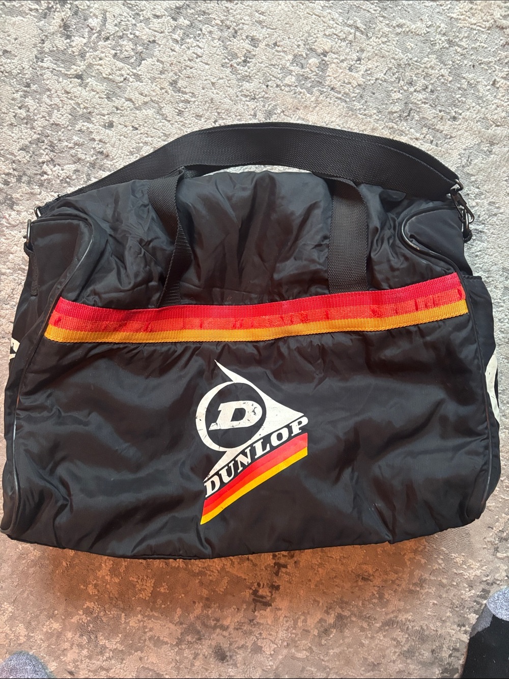 RETRO VINTAGE Dunlop Black Duffel Bag with Red and Yellow Stripe